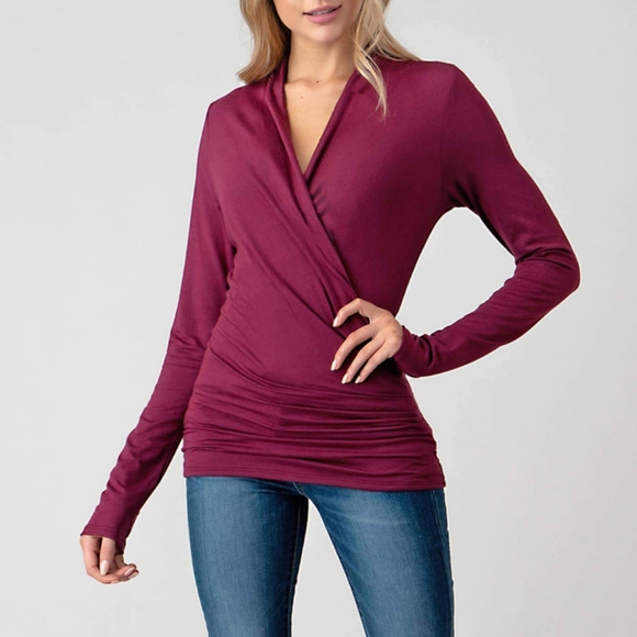 OJAY Tops - OJAY Berry Purple Winter Office Long Sleeve Draped Wrap Top